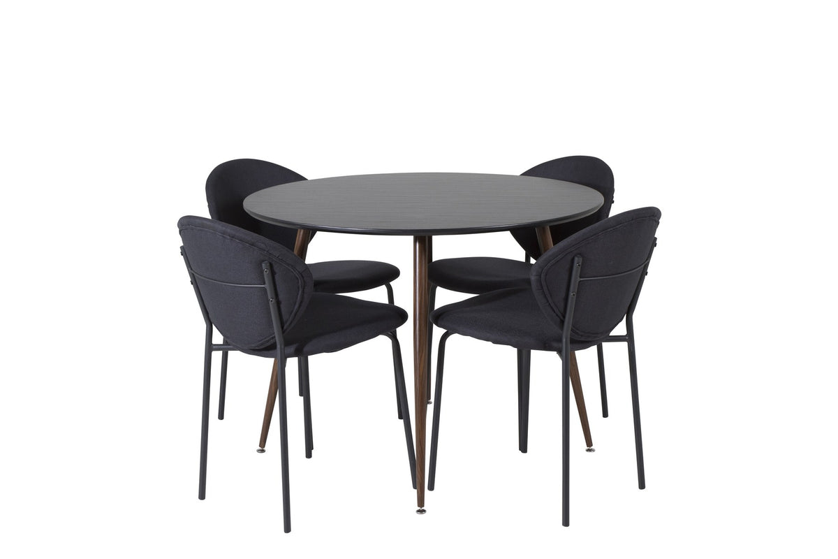 Plaza Esstisch mit Vault Stühlen, schwarzes Bartischset aus MDF und Stahl, schwarze Tischplatte, Stühle mit Stahlgestell.