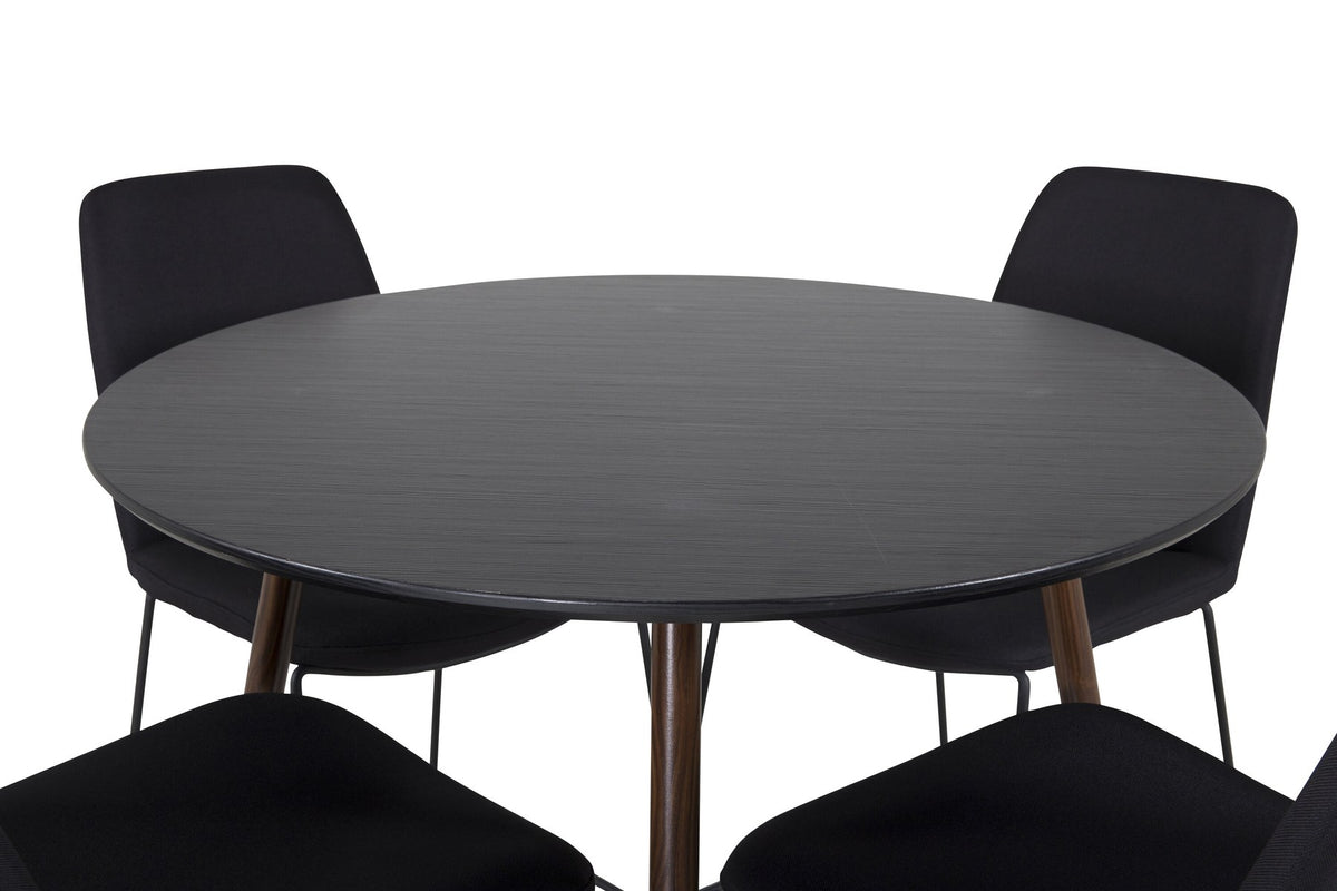 Schwarzes Bartischset Plaza mit Muce Stühlen, Tischplatte aus MDF in Nussbaum, Stahlbeine, gepolsterte Stühle mit Polyesterbezug.