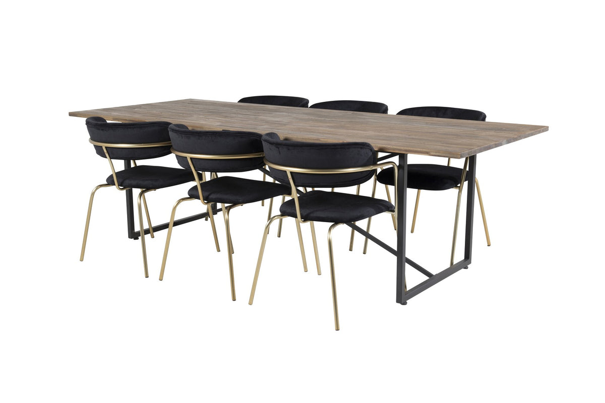 Esszimmerset Padang mit Arrow Stühlen: schwarzer Stahltisch mit Teak-Tischplatte, Stühle mit Messing-Pulverbeschichtung und Polyester-Samt-Bezug.