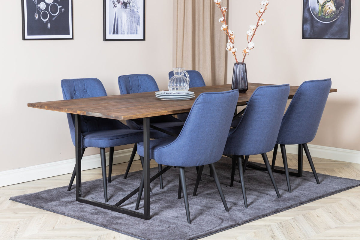 Esszimmerset Padang mit Teak-Esstisch und Velvet Deluxe Stühlen in Blau, Stahlgestell schwarz pulverbeschichtet, Polyesterbezug.