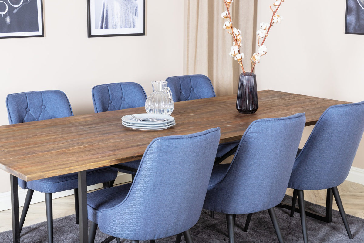 Esszimmerset Padang mit Teak-Esstisch und Velvet Deluxe Stühlen in Blau, Stahlgestell schwarz pulverbeschichtet, Polyesterbezug.