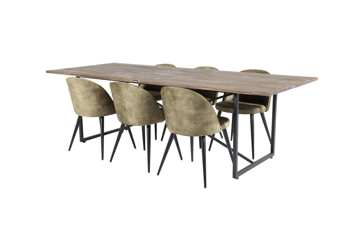 Schwarzes Esszimmerset Padang mit Teak-Tischplatte, Stahlgestell und gepolsterten Velvet-Stühlen mit schwarzem Samtbezug.