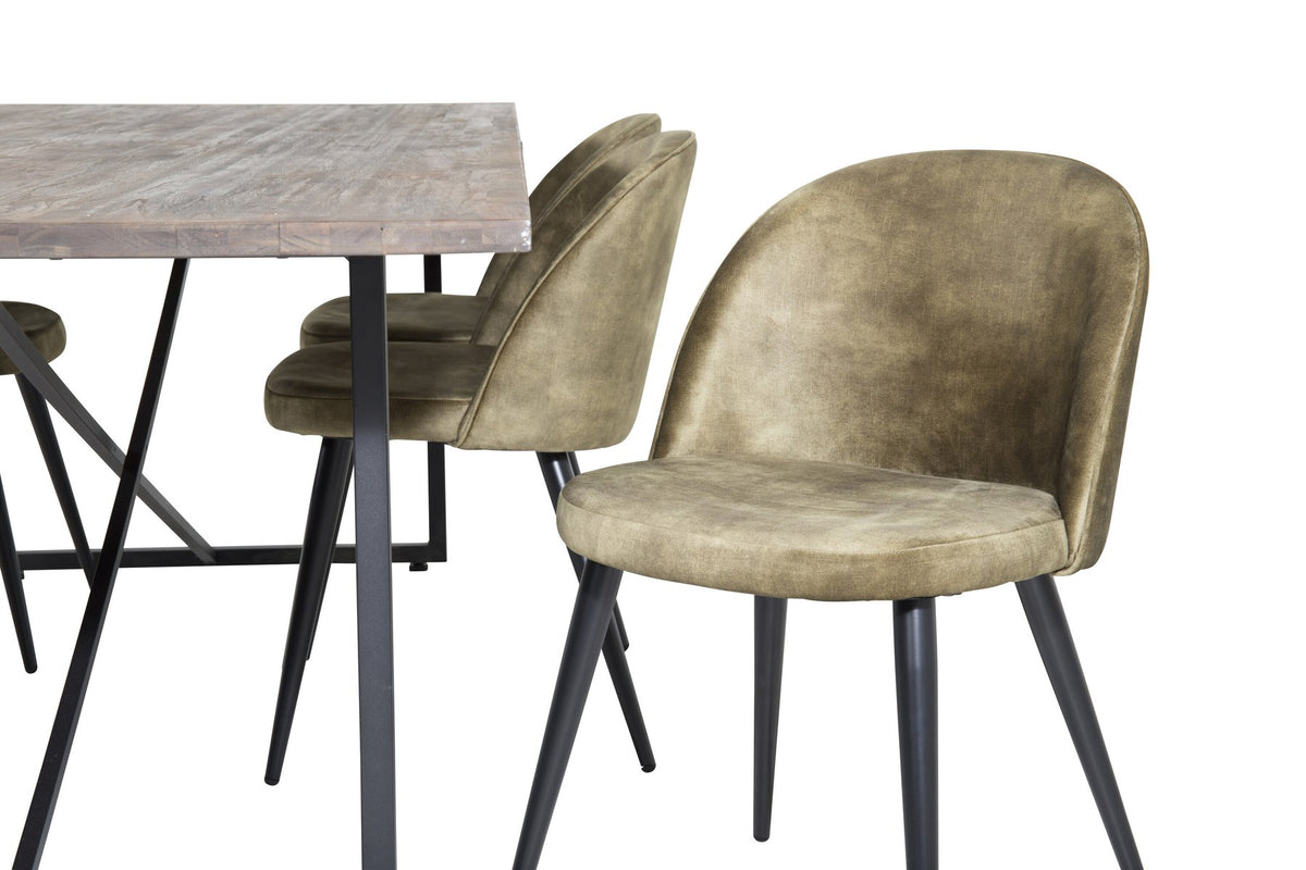 Schwarzes Esszimmerset Padang mit Teak-Tischplatte, Stahlgestell und gepolsterten Velvet-Stühlen mit schwarzem Samtbezug.