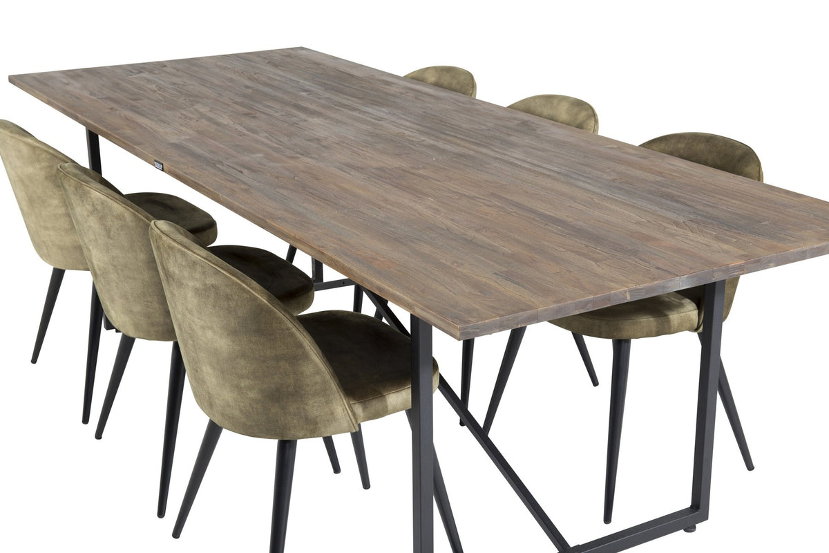Schwarzes Esszimmerset Padang mit Teak-Tischplatte, Stahlgestell und gepolsterten Velvet-Stühlen mit schwarzem Samtbezug.