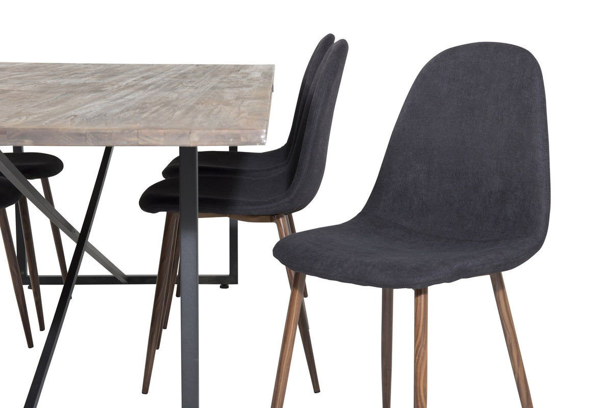 Esstisch mit Teak-Tischplatte in Natur und Stahlgestell, dazu Stühle mit schwarzem Stahlrahmen und grauem Polyester-Samt-Bezug.
