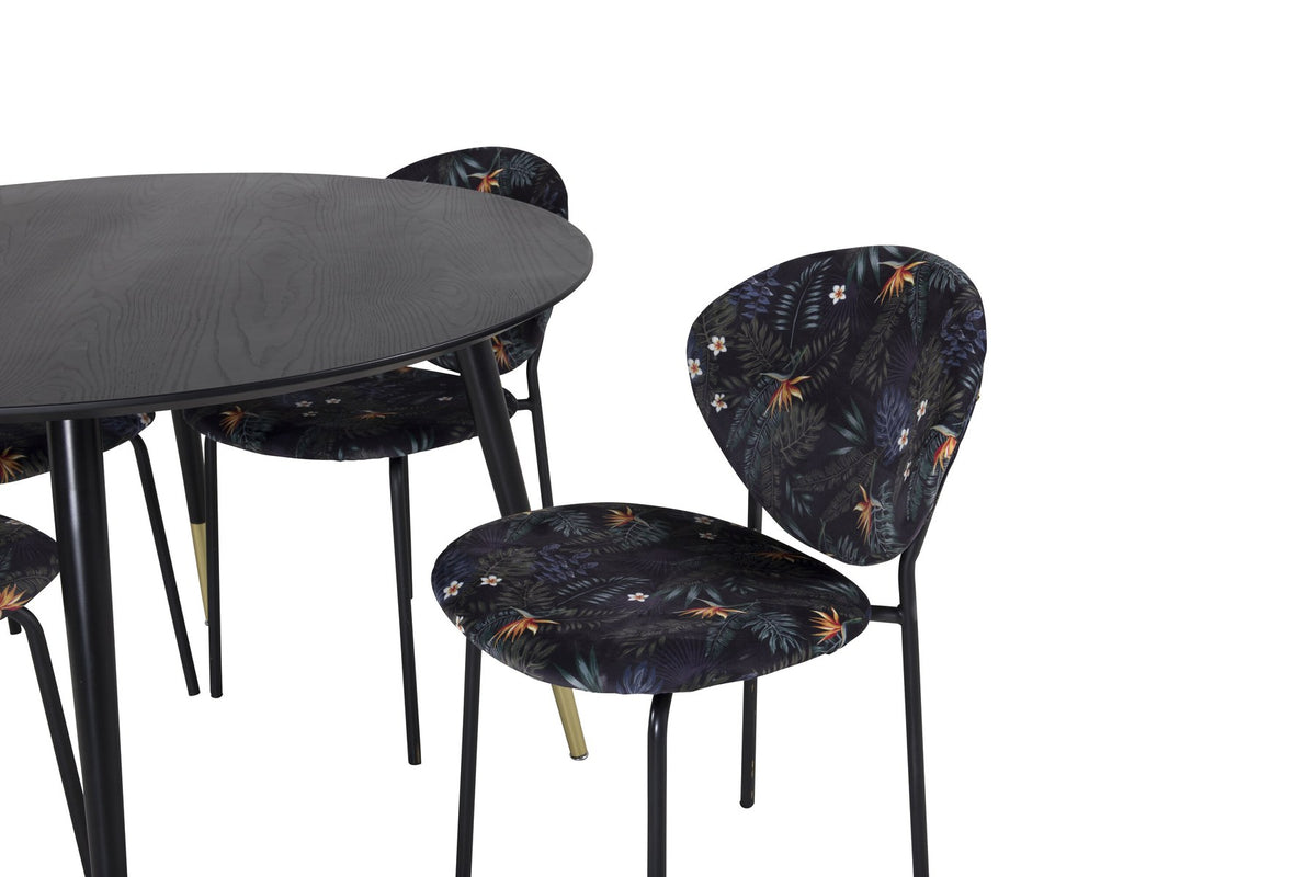 Schwarzes Esszimmerset Dipp mit Vault Stühlen: Tisch mit MDF-Furnierplatte und Stahlbeinen, Stühle mit Polsterbezug und Stahlgestell.