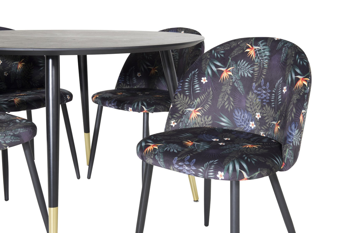 Rundes Dipp Esszimmerset: Esstisch ⌀115 cm mit schwarzem Furnier und schwarzen Beinen, dazu vier Velvet-Stühle mit schwarz-grauem Mikrofaserbezug.