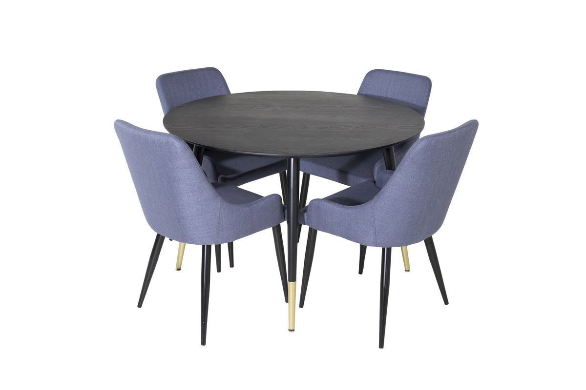 Rundes Esszimmerset von Venture Home: schwarzer MDF-Tisch mit Stahlbeinen und zwei blaue Stühle mit schwarzem Stahlgestell.