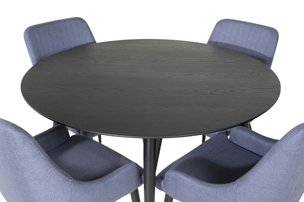Rundes Esszimmerset von Venture Home: schwarzer MDF-Tisch mit Stahlbeinen und zwei blaue Stühle mit schwarzem Stahlgestell.