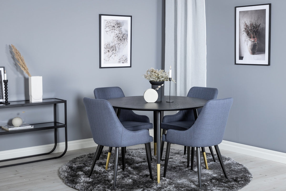 Rundes Esszimmerset von Venture Home: schwarzer MDF-Tisch mit Stahlbeinen und zwei blaue Stühle mit schwarzem Stahlgestell.