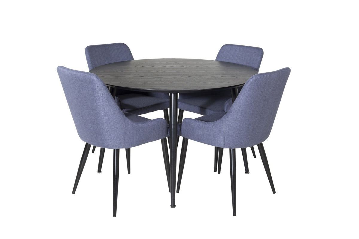 Rundes Esszimmerset von Venture Home: schwarzer MDF-Tisch mit Stahlbeinen und zwei blaue Stühle mit schwarzem Stahlgestell.