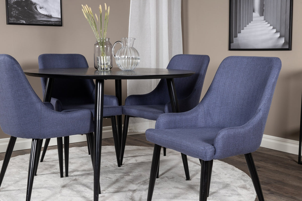 Rundes Esszimmerset von Venture Home: schwarzer MDF-Tisch mit Stahlbeinen und zwei blaue Stühle mit schwarzem Stahlgestell.
