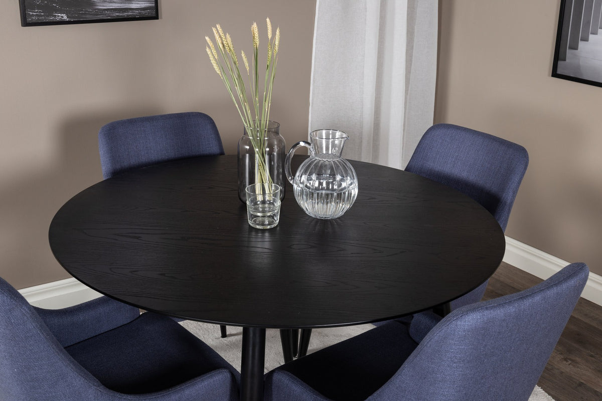 Rundes Esszimmerset von Venture Home: schwarzer MDF-Tisch mit Stahlbeinen und zwei blaue Stühle mit schwarzem Stahlgestell.
