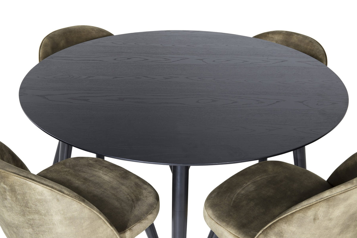Rundes Dipp Esszimmerset: Esstisch ⌀115 cm mit schwarzem Furnier und schwarzen Beinen, dazu vier Velvet-Stühle mit schwarz-grauem Mikrofaserbezug.