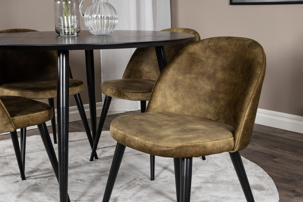 Rundes Dipp Esszimmerset: Esstisch ⌀115 cm mit schwarzem Furnier und schwarzen Beinen, dazu vier Velvet-Stühle mit schwarz-grauem Mikrofaserbezug.