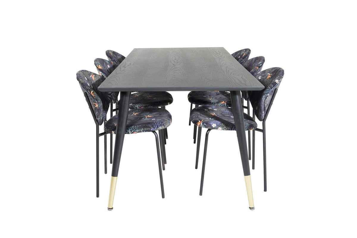 Schwarzes Esszimmerset Dipp mit Vault Stühlen: Tisch mit MDF-Furnierplatte und Stahlbeinen, Stühle mit Polsterbezug und Stahlgestell.