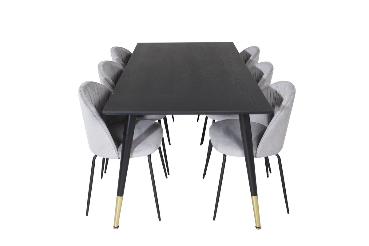 Esszimmerset mit rechteckigem Esstisch 180x90 cm, schwarzer MDF-Tischplatte auf Stahlbeinen und zwei grauen Stühlen mit Stahlgestell.