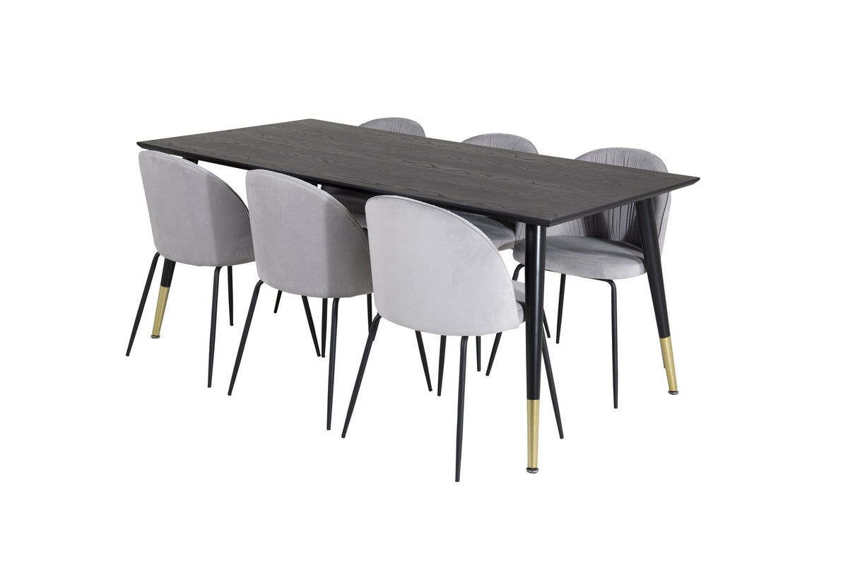 Esszimmerset mit rechteckigem Esstisch 180x90 cm, schwarzer MDF-Tischplatte auf Stahlbeinen und zwei grauen Stühlen mit Stahlgestell.