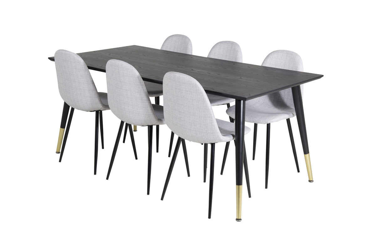Esszimmerset Dipp mit schwarzem Esstisch aus MDF und Stahl, 180x90 cm, sowie 6 Polar-Stühlen mit hellgrauem Stoffbezug und schwarzen Beinen