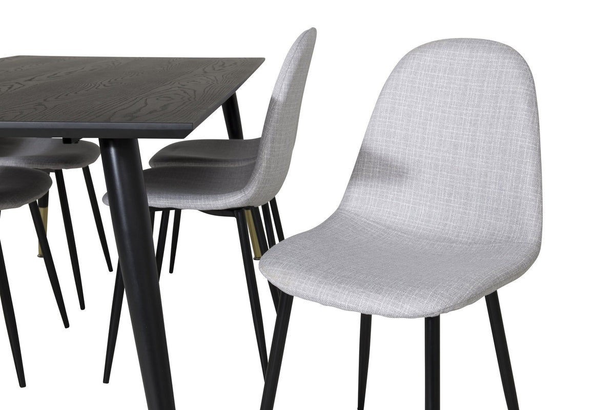 Esszimmerset Dipp mit schwarzem Esstisch aus MDF und Stahl, 180x90 cm, sowie 6 Polar-Stühlen mit hellgrauem Stoffbezug und schwarzen Beinen