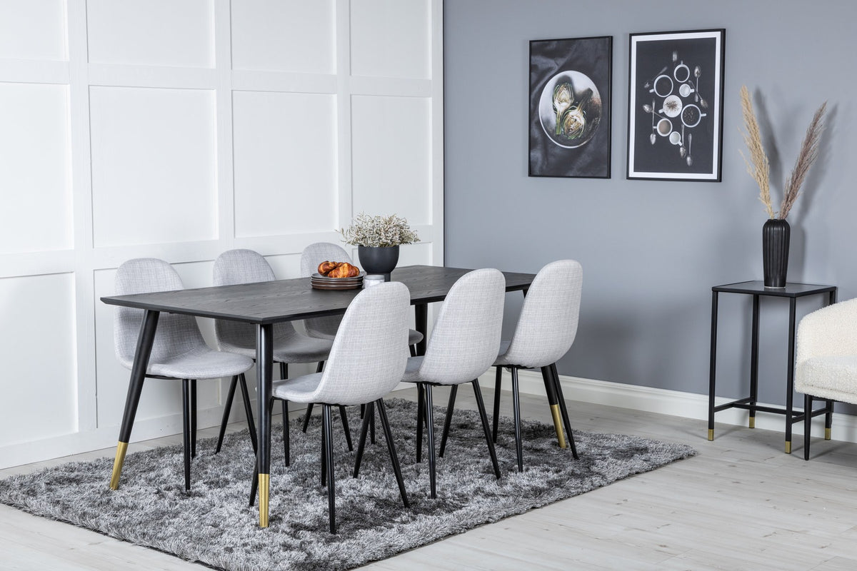 Esszimmerset Dipp mit schwarzem Esstisch aus MDF und Stahl, 180x90 cm, sowie 6 Polar-Stühlen mit hellgrauem Stoffbezug und schwarzen Beinen