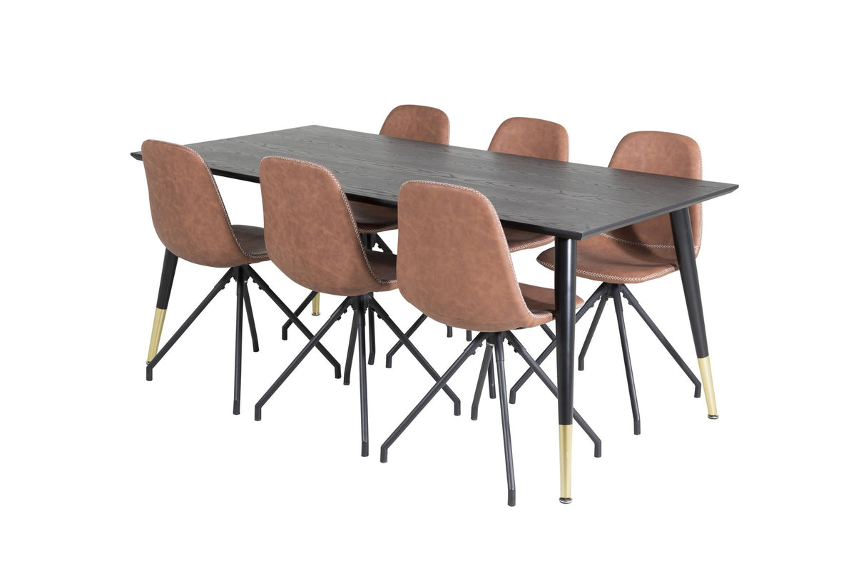 Esszimmerset Dipp mit schwarzem Esstisch aus MDF und Stahl, 180x90 cm, sowie 6 Polar-Stühlen mit hellgrauem Stoffbezug und schwarzen Beinen