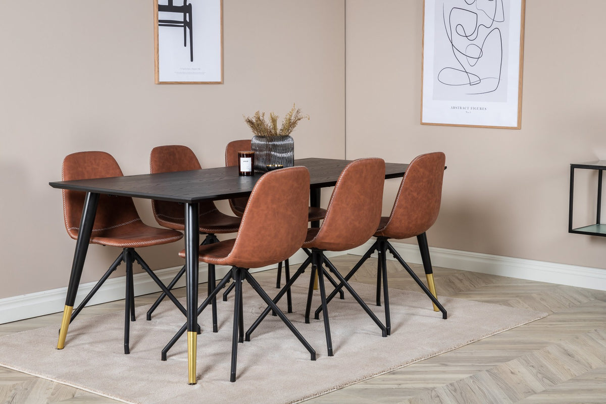 Esszimmerset Dipp mit schwarzem Esstisch aus MDF und Stahl, 180x90 cm, sowie 6 Polar-Stühlen mit hellgrauem Stoffbezug und schwarzen Beinen
