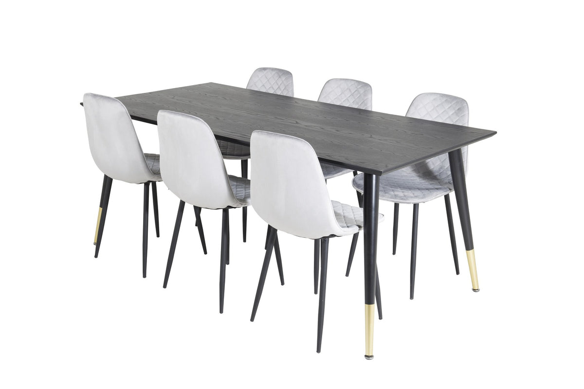 Esszimmerset Dipp mit Esstisch 180x90 cm in Schwarz und sechs Polar Diamond Stühlen mit grauem Samtbezug und schwarzen Beinen