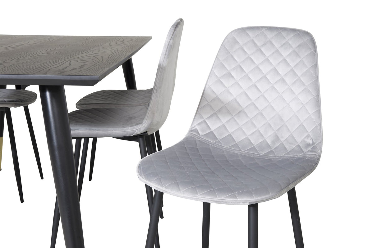 Esszimmerset Dipp mit Esstisch 180x90 cm in Schwarz und sechs Polar Diamond Stühlen mit grauem Samtbezug und schwarzen Beinen