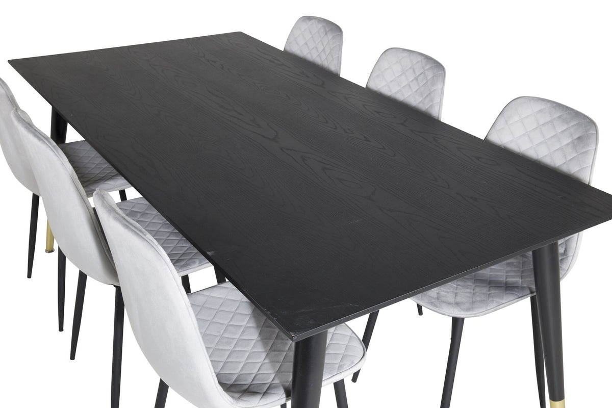Esszimmerset Dipp mit Esstisch 180x90 cm in Schwarz und sechs Polar Diamond Stühlen mit grauem Samtbezug und schwarzen Beinen