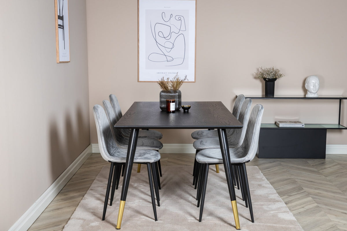 Esszimmerset Dipp mit Esstisch 180x90 cm in Schwarz und sechs Polar Diamond Stühlen mit grauem Samtbezug und schwarzen Beinen
