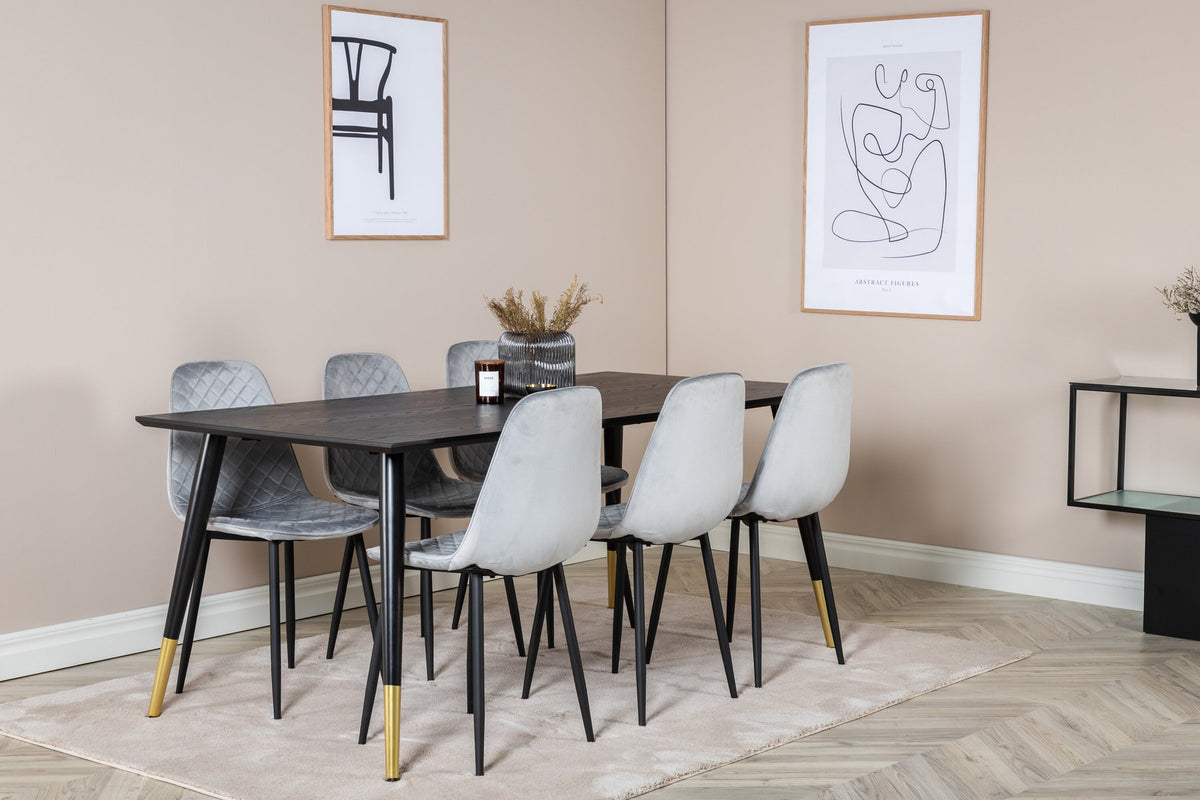 Esszimmerset Dipp mit Esstisch 180x90 cm in Schwarz und sechs Polar Diamond Stühlen mit grauem Samtbezug und schwarzen Beinen