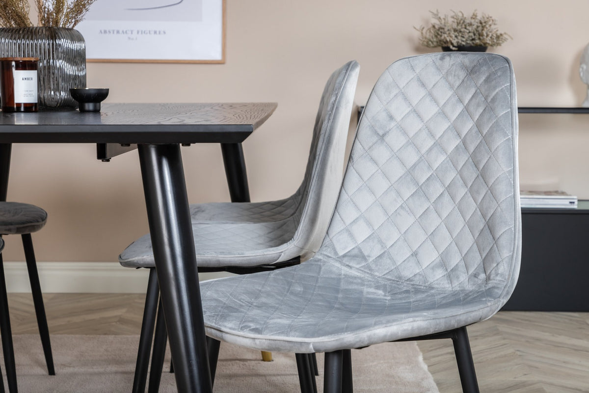 Esszimmerset Dipp mit Esstisch 180x90 cm in Schwarz und sechs Polar Diamond Stühlen mit grauem Samtbezug und schwarzen Beinen