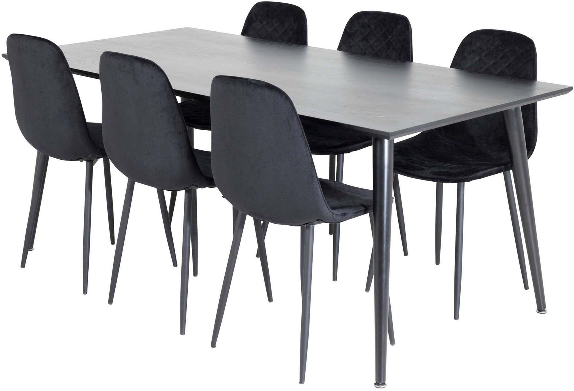 Entdecken Sie das Dipp Esszimmerset von Venture Home: 180 cm Tisch und 6 stilvolle Samtstühle für elegantes Dining und gesellige Momente.