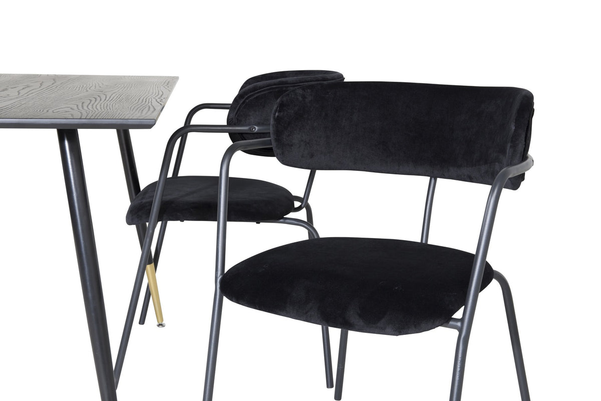 Esszimmerset aus schwarzem MDF und Stahl: Tisch mit 1.8 cm starker Platte und vier schwarz pulverbeschichtete Stühle der Serie Arrow.