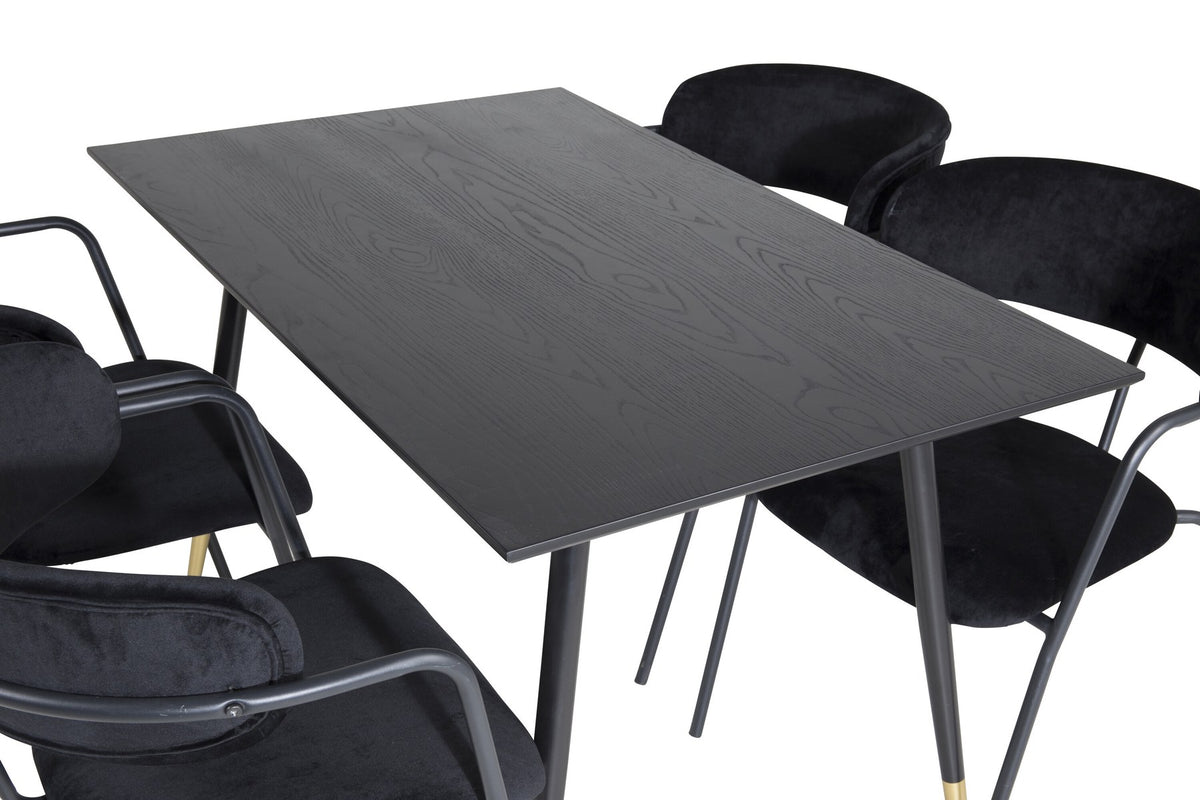 Esszimmerset aus schwarzem MDF und Stahl: Tisch mit 1.8 cm starker Platte und vier schwarz pulverbeschichtete Stühle der Serie Arrow.