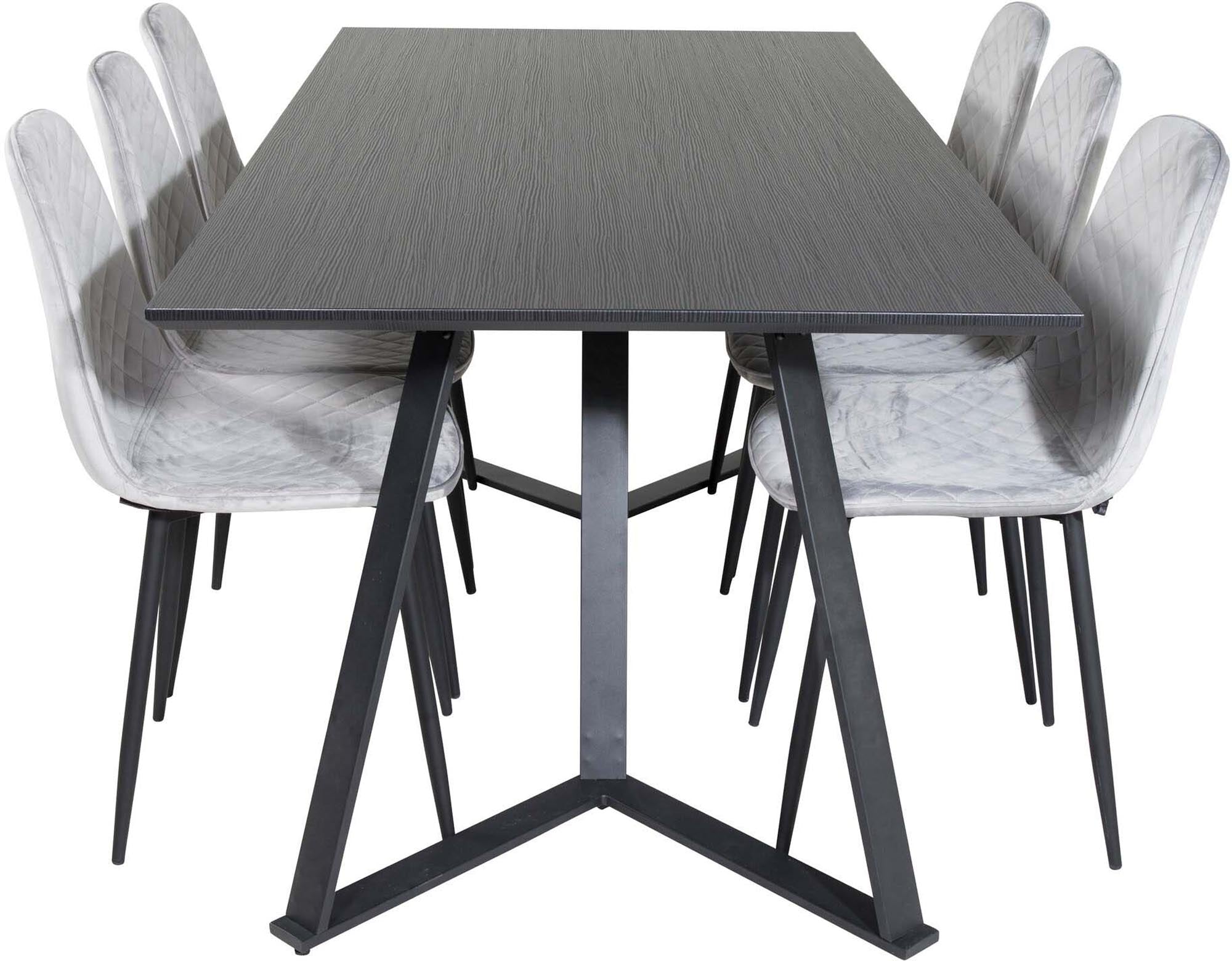 Stilvolles Marina Esszimmerset Polar: 180 cm Tisch und 6 luxuriöse Samtstühle, ideal für gesellige Anlässe und elegantes Ambiente.