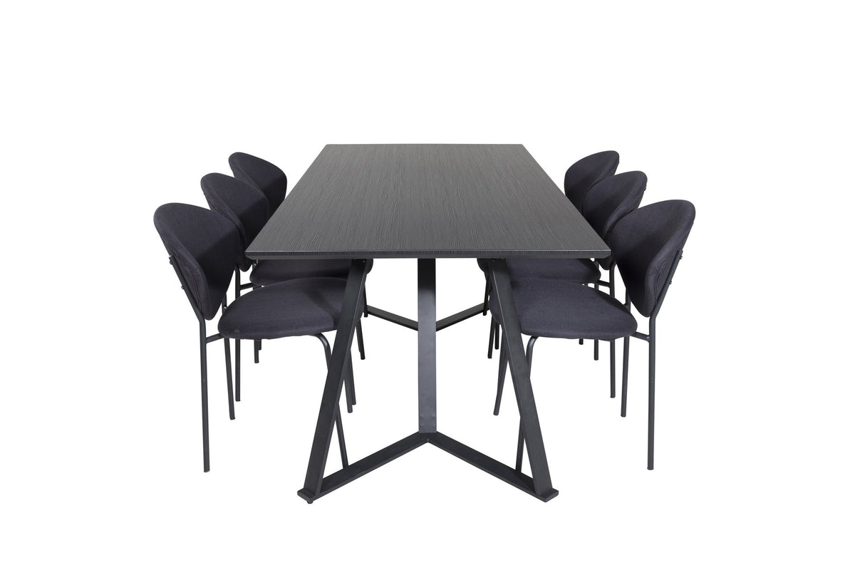 Esszimmerset Marina mit rechteckigem Tisch aus MDF und Papierlaminat sowie Stühlen mit Stahlgestell und Polyesterbezug in Grau.