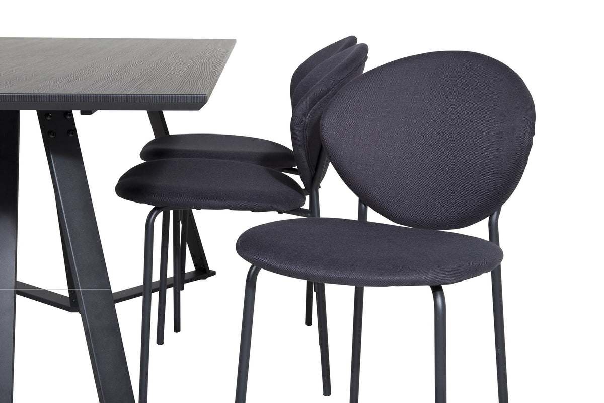 Esszimmerset Marina mit rechteckigem Tisch aus MDF und Papierlaminat sowie Stühlen mit Stahlgestell und Polyesterbezug in Grau.