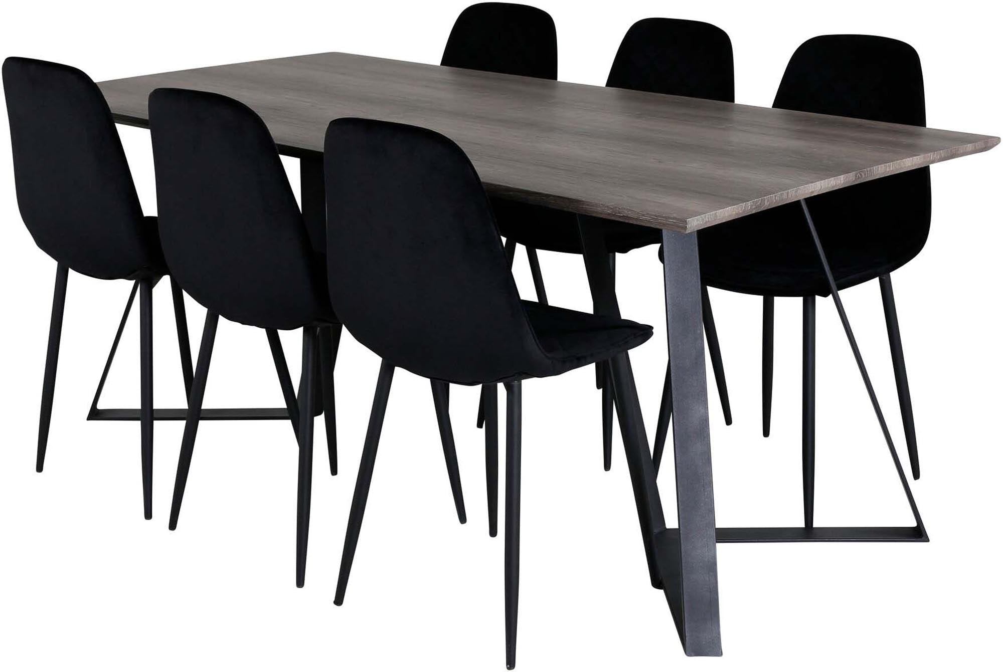 Entdecken Sie das stilvolle Marina Esszimmerset Polar von Venture Home. Platz für 6 Personen, elegante Samtstühle, ideal für Ihr Esszimmer.