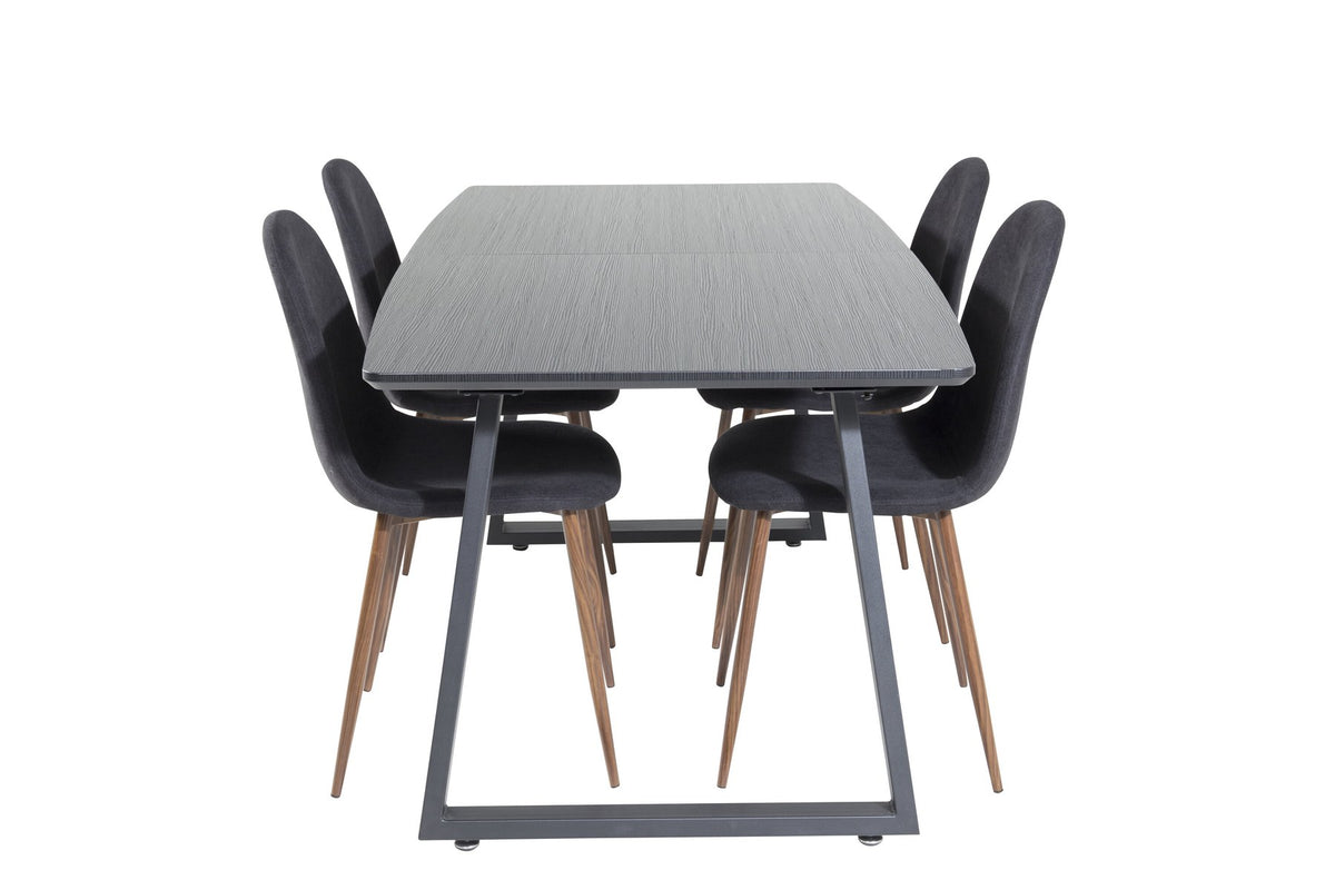 Schwarzes Inca Esszimmerset von Venture Home: ausziehbarer Tisch aus MDF, Sperrholz und Stahl mit sechs passenden Stühlen der Serie Polar
