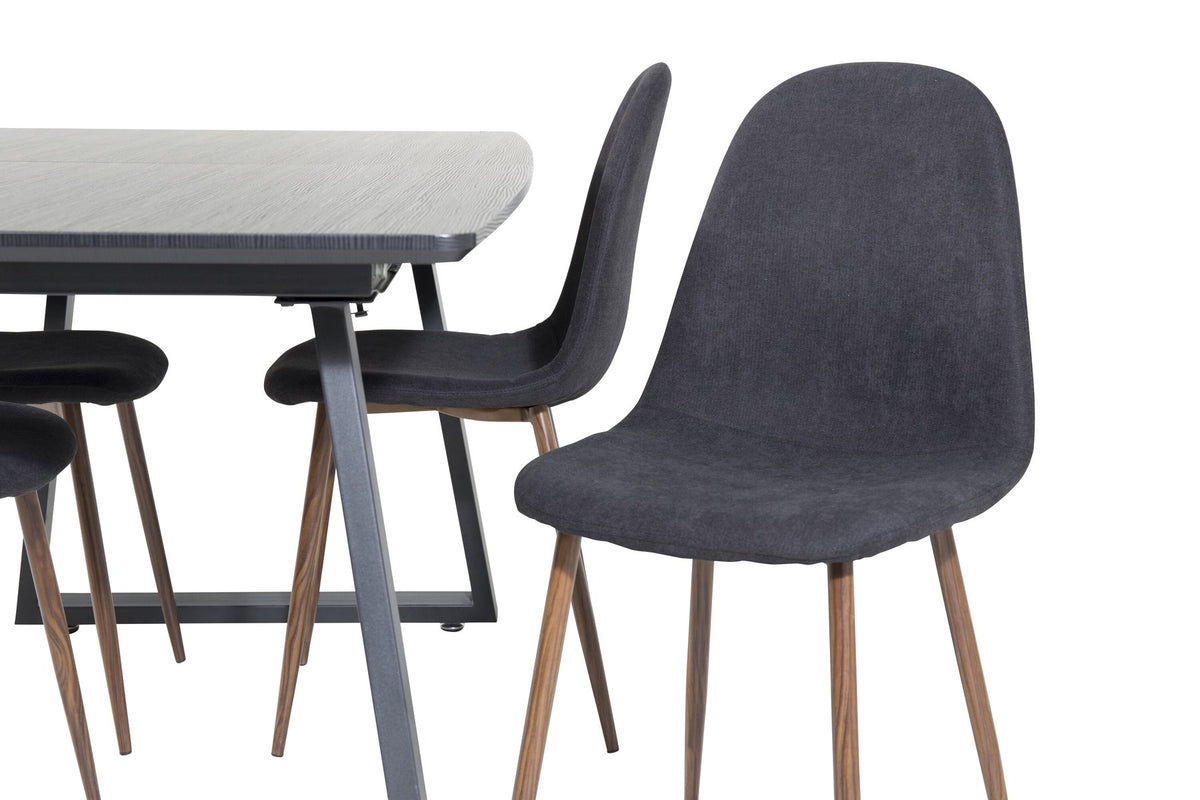 Schwarzes Inca Esszimmerset von Venture Home: ausziehbarer Tisch aus MDF, Sperrholz und Stahl mit sechs passenden Stühlen der Serie Polar