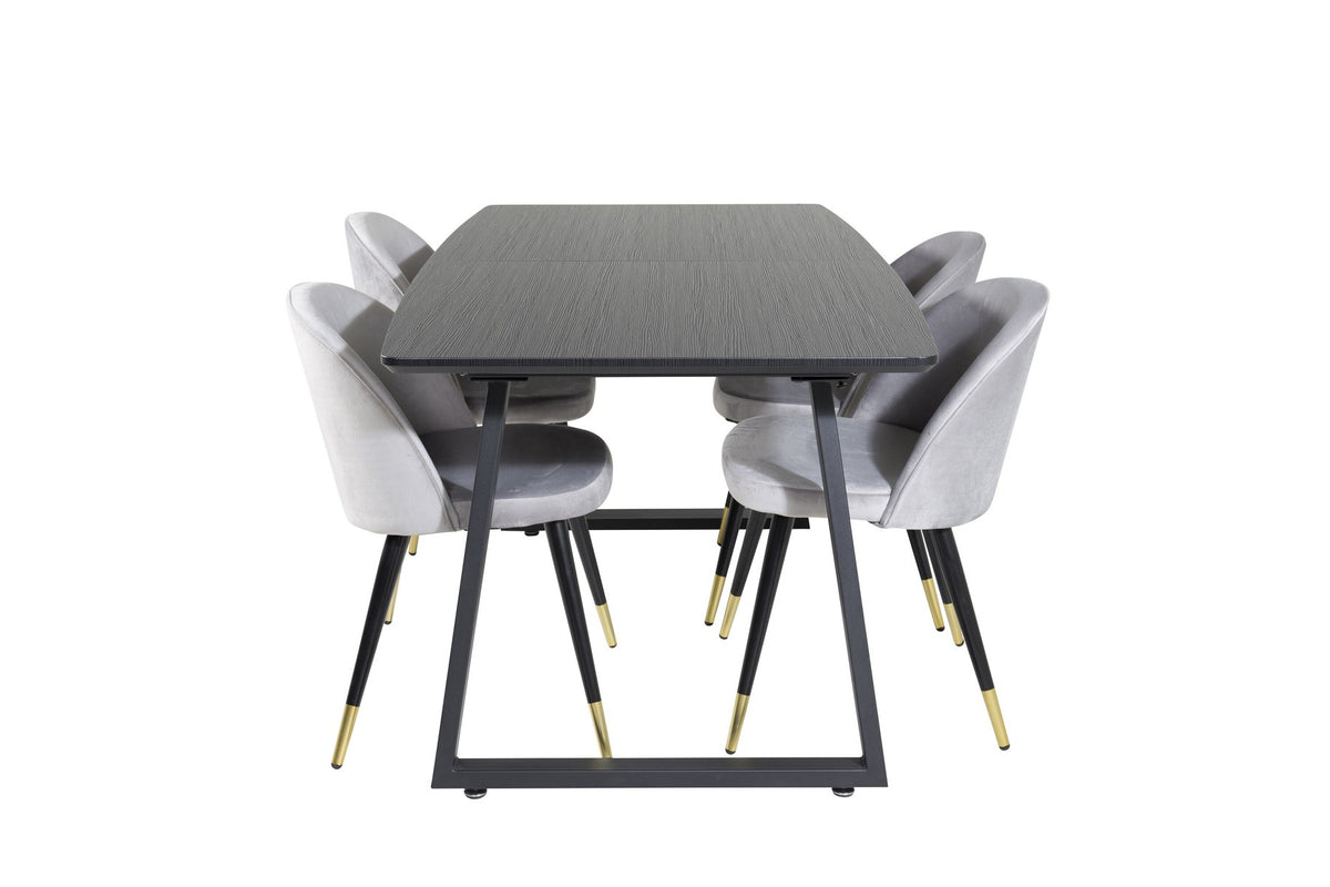 Esszimmerset Inca mit ausziehbarem Holztisch, schwarzer Tischplatte aus MDF und grauen Samtstühlen mit schwarzen Stahlbeinen der Serie Velvet.