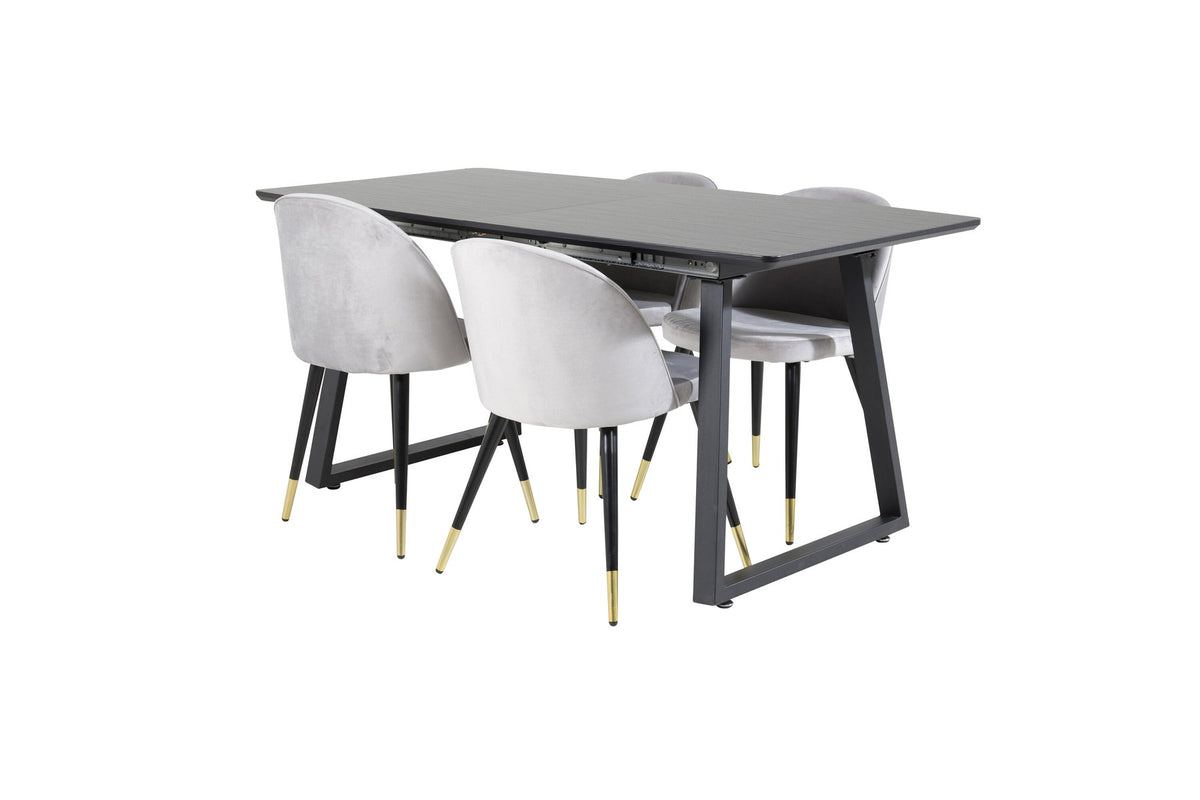 Esszimmerset Inca mit ausziehbarem Holztisch, schwarzer Tischplatte aus MDF und grauen Samtstühlen mit schwarzen Stahlbeinen der Serie Velvet.