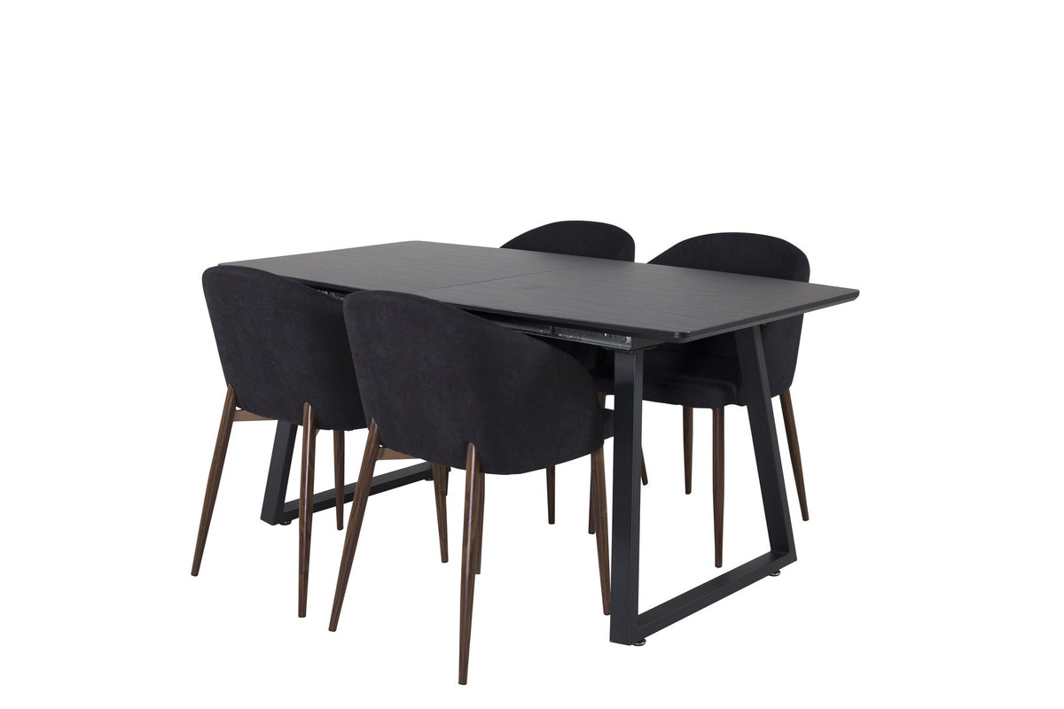 Schwarzes Esszimmerset: 2 Stühle aus MDF und Stahl mit Folienoberfläche sowie rechteckiger Esstisch mit Stahlbeinen, Tischplatte 160 x 85 cm.