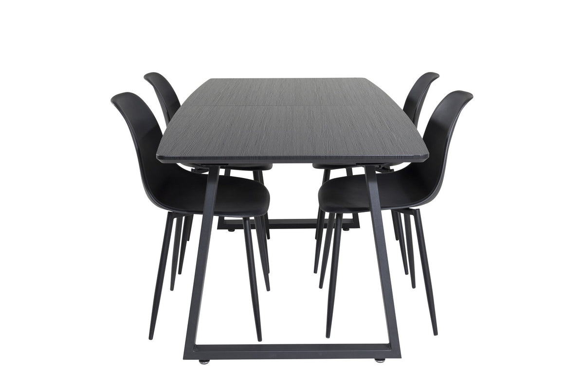 Schwarzes Inca Esszimmerset von Venture Home: ausziehbarer Tisch aus MDF, Sperrholz und Stahl mit sechs passenden Stühlen der Serie Polar