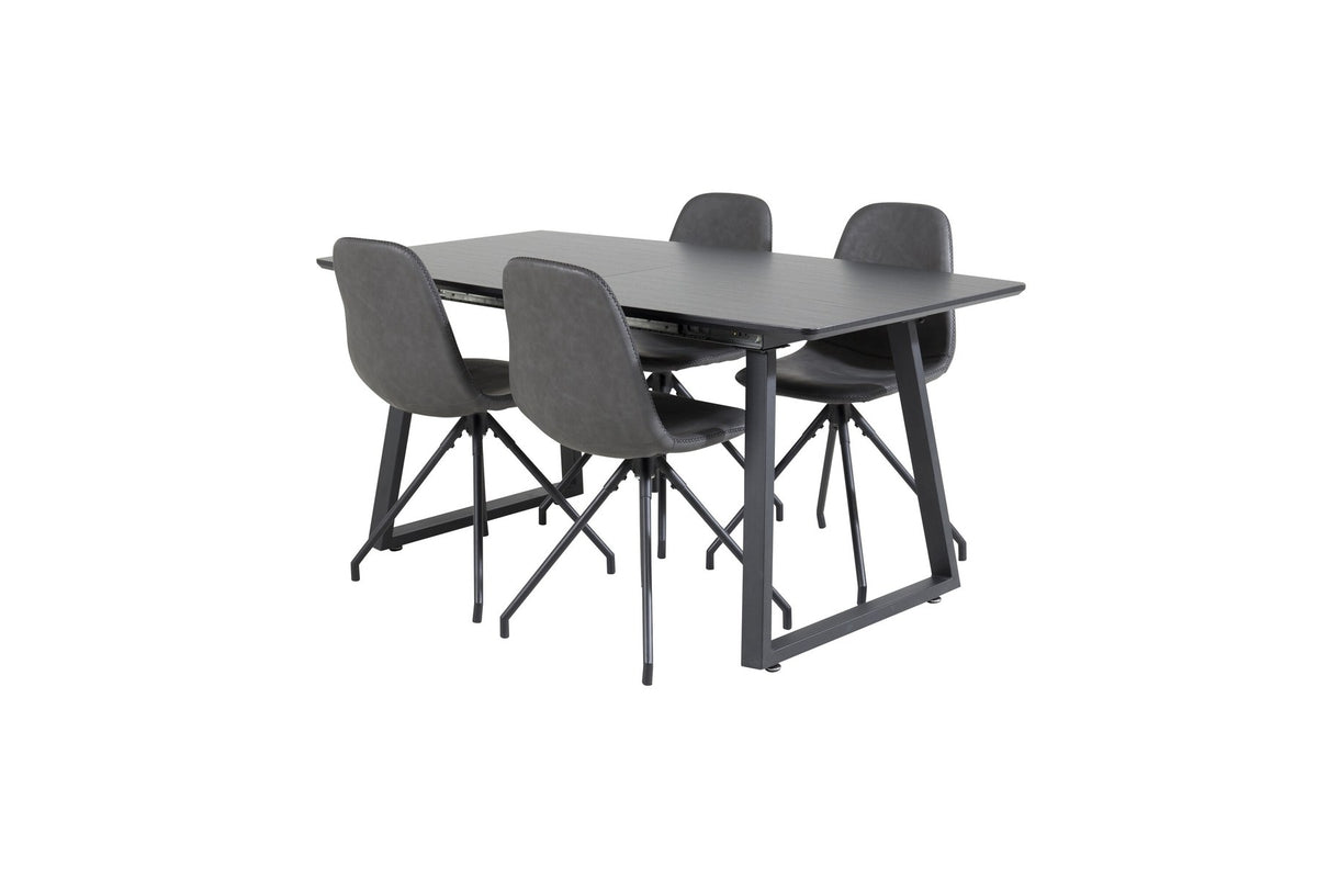 Schwarzes Inca Esszimmerset von Venture Home: ausziehbarer Tisch aus MDF, Sperrholz und Stahl mit sechs passenden Stühlen der Serie Polar