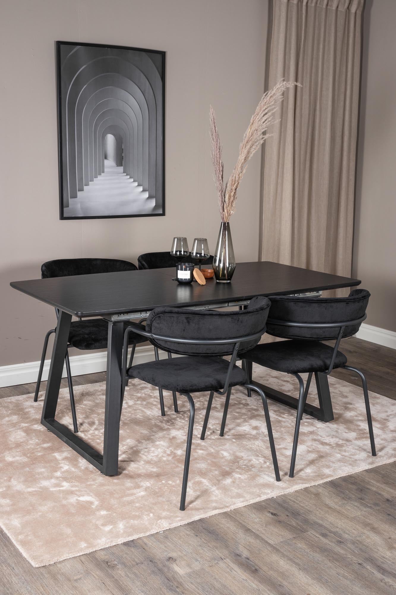 Modernes Inca Esszimmerset von Venture Home: Ausziehbarer Tisch (160cm) mit 4 stilvollen Samtstühlen für gemütliche Abende und festliche Anlässe.