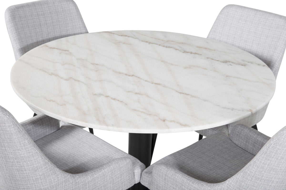 Rundes Esszimmerset aus Marmor und Stahl: weisse Tischplatte ⌀106 cm mit zwei grauen Stühlen, schwarz pulverbeschichtetes Gestell, Venture Home.