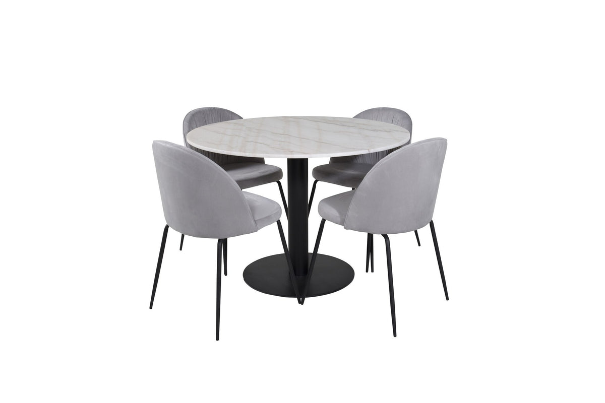 Rundes Esszimmerset: weisser Marmor-Esstisch ⌀106 cm mit Stahlbeinen und zwei graue Polsterstühle mit schwarz pulverbeschichtetem Stahlgestell.
